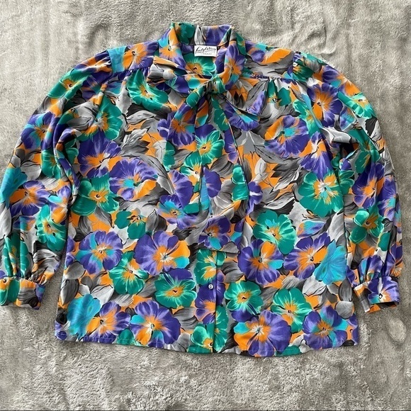 Vintage Lady Winn Necktie Bow Button Up Long Sleeve Bold Floral Print Blouse 1X - Picture 1 of 7